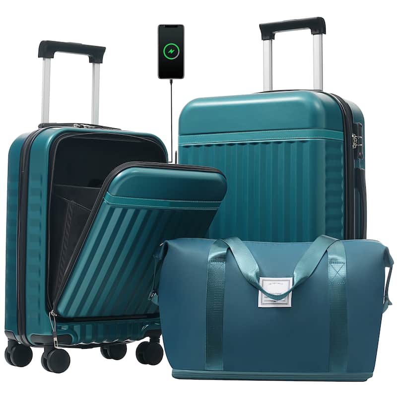 Front Opening Luggage Set 3 Piece,USB Port, Expandable Luggage with Handle Bag Spinner Wheels TSA Lock - Dark Green