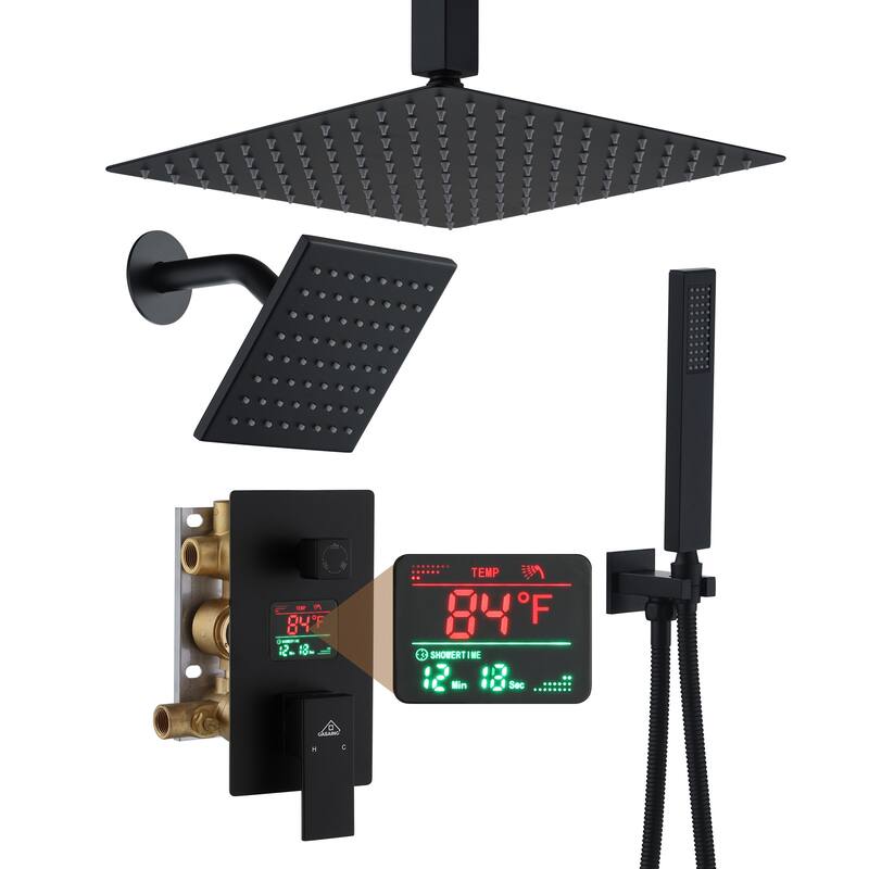 CASAINC Dual Heads 12 Inch Ceiling Mounted Square Shower Head Shower System with Handheld Shower Digital Display Shower