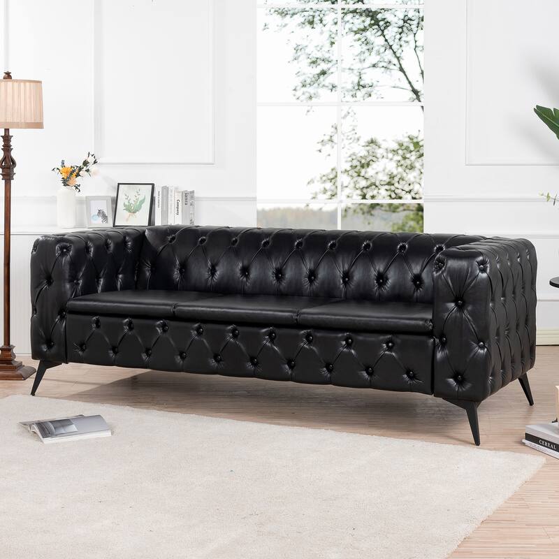 PU Leather Upholstered 3 Seater Sofa, Tufted Sofa with Removable Cushions & Square Arms, Lounge Sofa Chair with Iron Legs