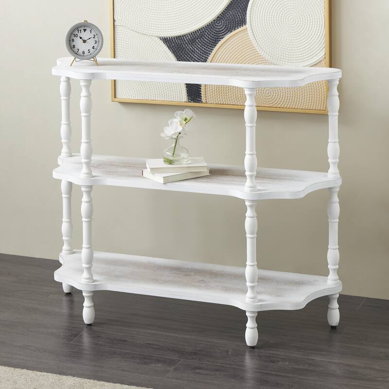 Wooden Washed 2 Shelf Shelving Unit with Turned Legs and Wavy Corners - White - Roche River Decor
