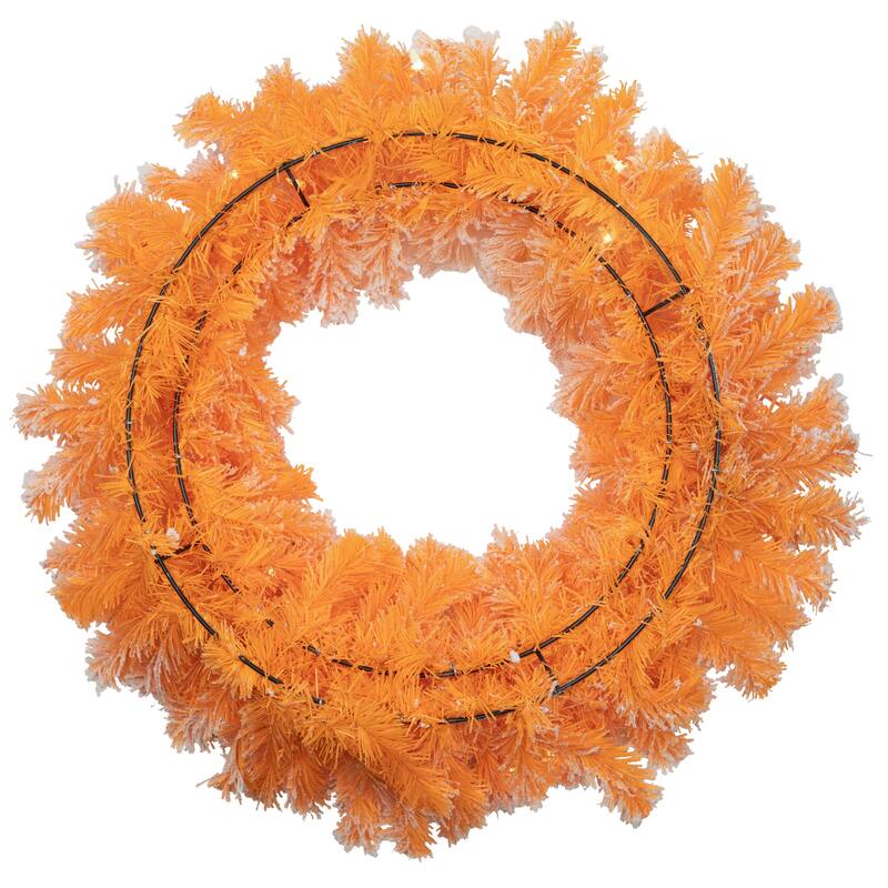Pre-Lit Flocked Pine Artificial Christmas Wreath - 24" - Orange - Clear Lights