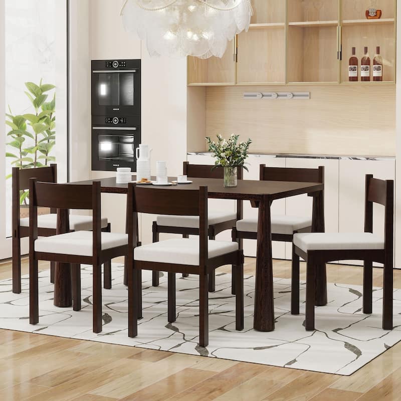7-Piece Retro Dining Table Set for 6, Wood Dining Table Set for 6 with Upholstered Chairs for kitchen & Dining Room - Espresso