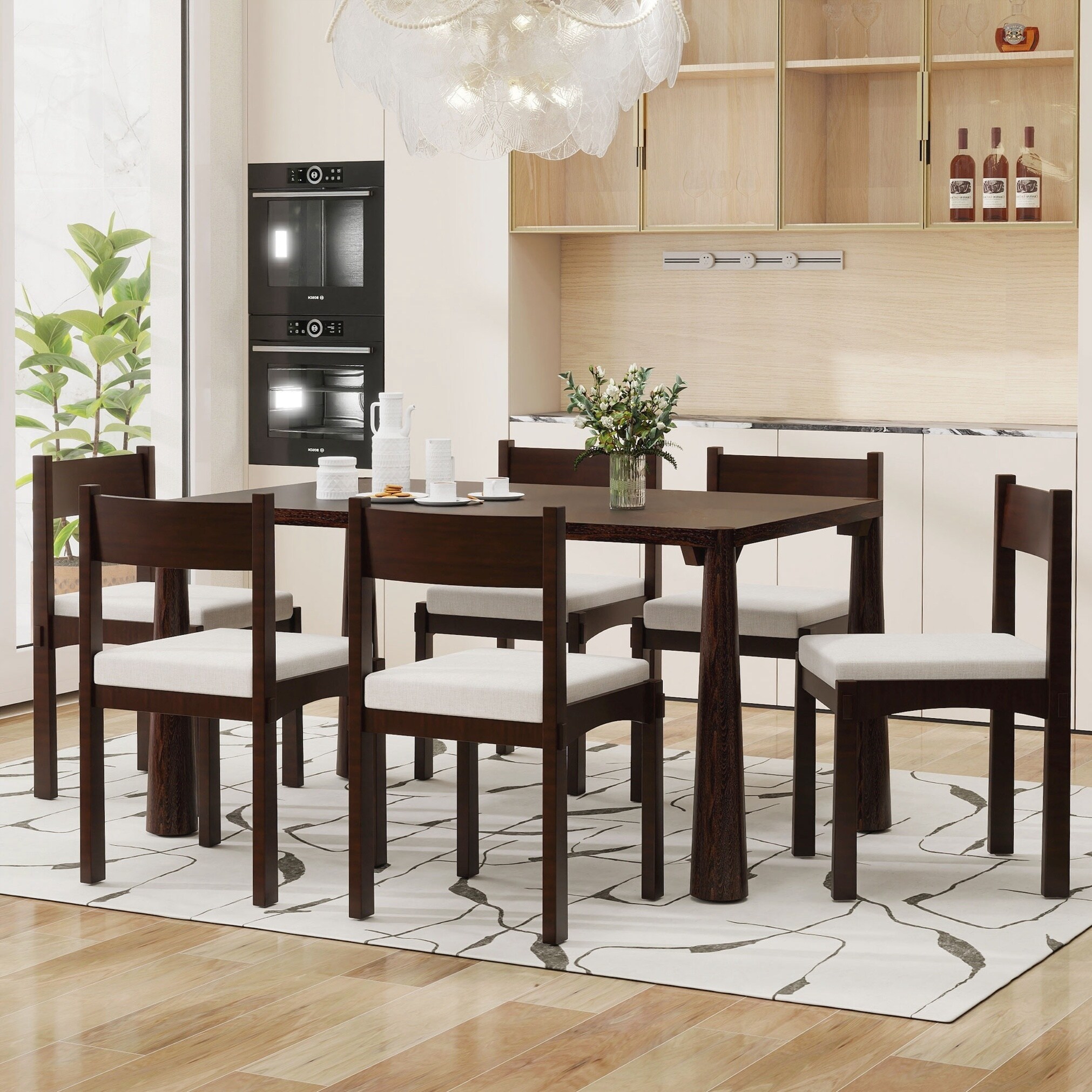 7-Piece Retro Dining Table Set for 6, Wood Dining Table Set for 6