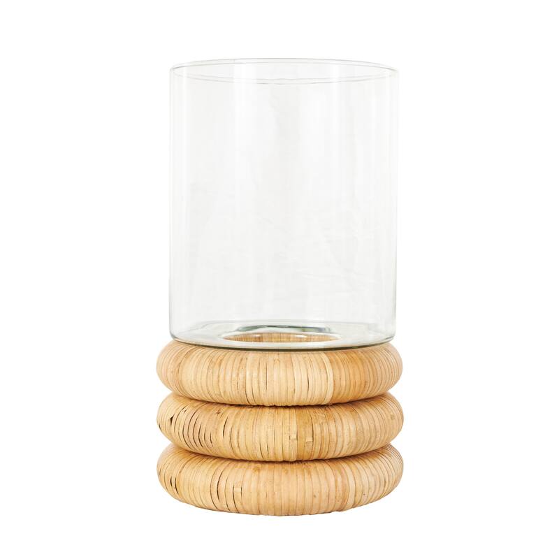 Clear Glass Round Room Hurricane Lamp with Light Brown Woven Base - 8"W x 8"L x 13"H