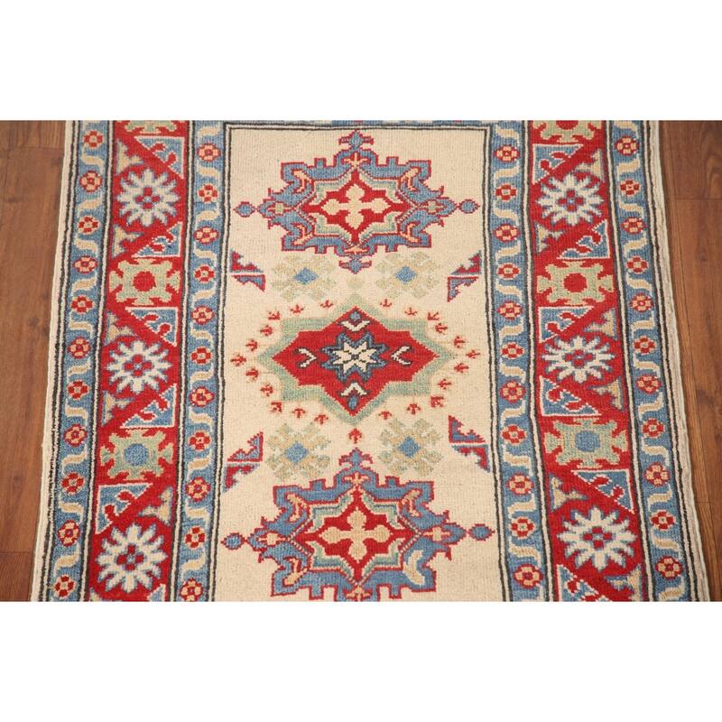 Geometric Grey Kazak Foyer Rug Hand-Knotted Wool Carpet - 2'6" x 3'11"