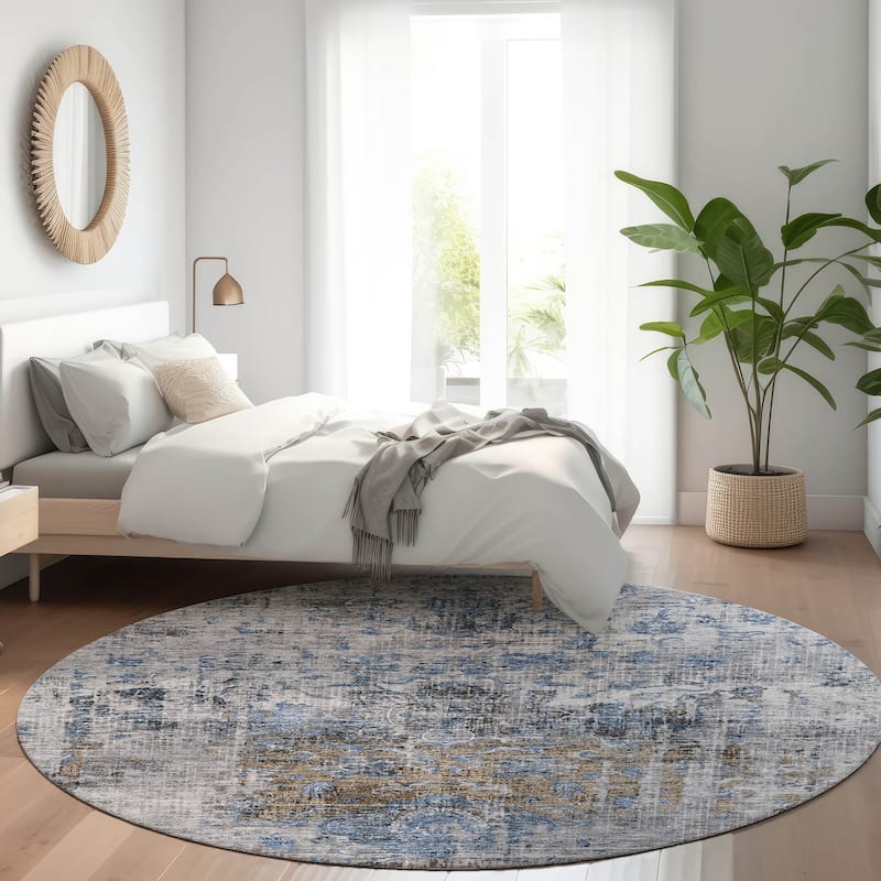 Machine Washable Indoor/ Outdoor Vintage Traditional Chantille Rug - Blue - 8' x 8'