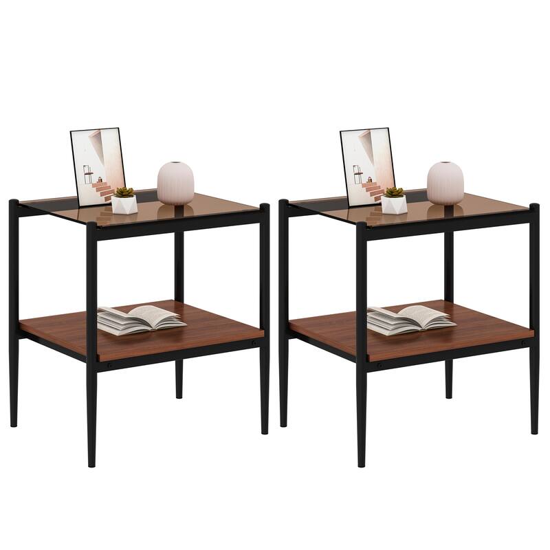 Set of 2 Rectangle End Table Tempered Glass Tabletop with MDF layer