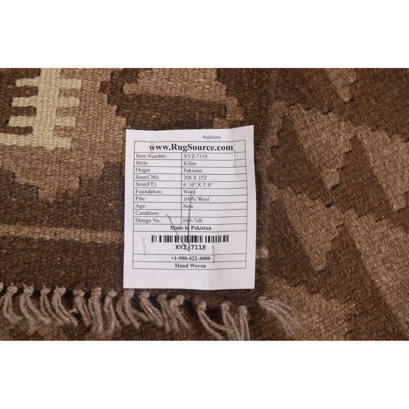 Hand-woven Geometric Kilim Area Rug Oriental Brown Wool Carpet - 5'0" x 6'10"