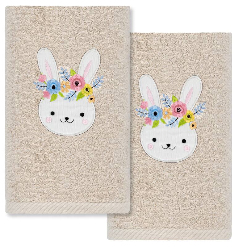 Authentic Hotel and Spa Flower Crown - Embroidered Luxury 100% Turkish Cotton Hand Towel (Set of 2) - Sand