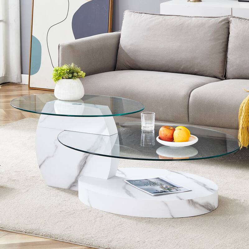 Roomfitters Double Layer Coffee Table with White Marble and Wood Grain Finish, Artistic Modern Design