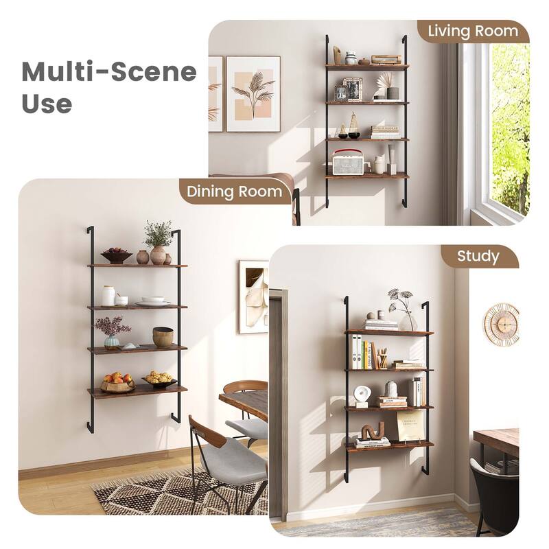 Costway 4-Tier Ladder Shelf Bookshelf Industrial Wall Shelf w/Metal - 30'' x 12'' x 64''