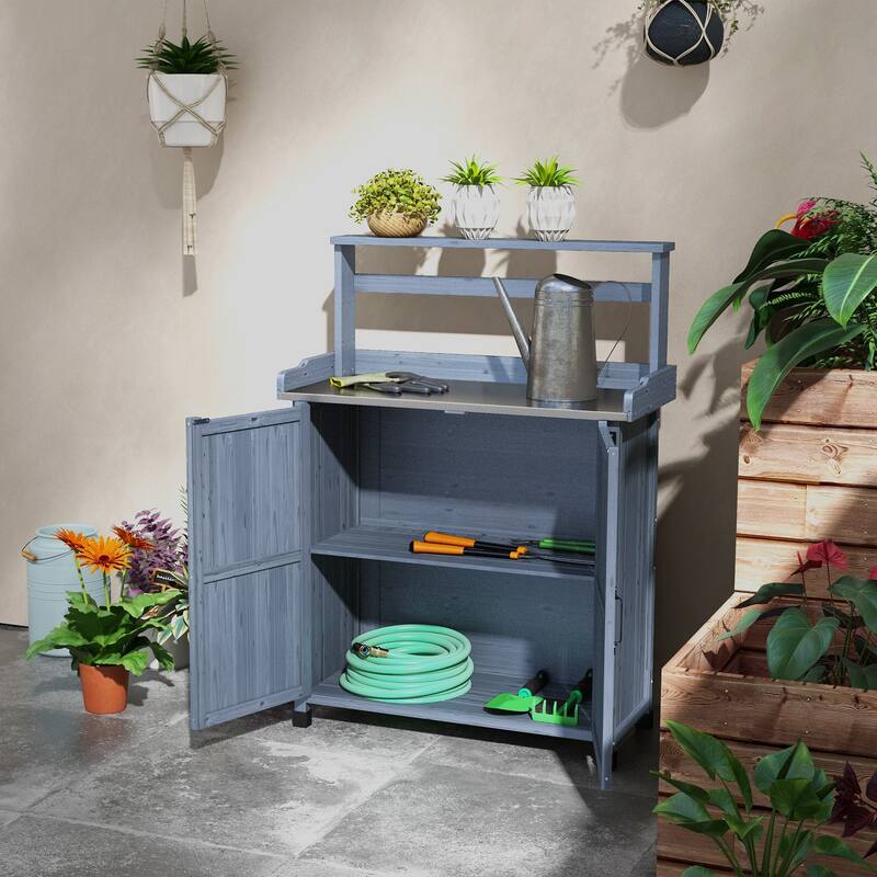 Outsunny Potting Bench, Outdoor Wooden Potting Table with Storage Cabinet, Storage Shelf, Garden Work Bench