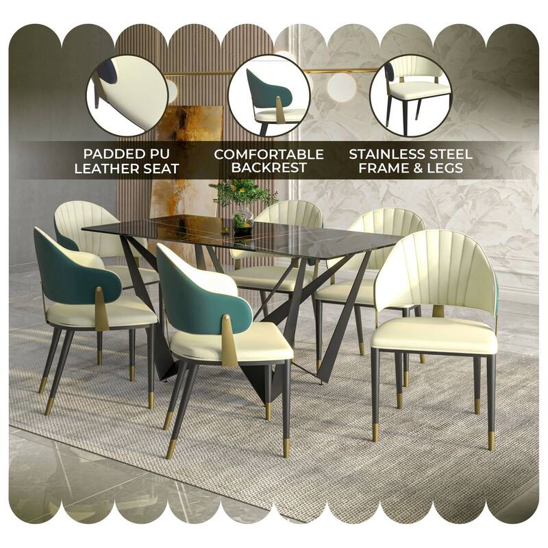 Leather Dining Chair in Iron Set of 2 with Gold Accents Design Modern Ergonomic Side Arm Chair