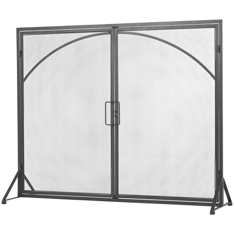 Black Metal Minimalistic Single Panel Fireplace Screen with Arch Inspired Doors and Handles