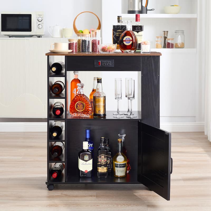 VECELO Kitchen Cart with Wheels and Charging Station,35.4'Kitchen Island Cart Wine Rack Bar Table, Bar Cabinet