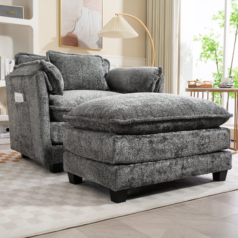 55" Oversized Single Sofa Chaise Lounge with Ottoman, Comfy Reading Chair Upholstered Sleeper Chair with Side Pockets
