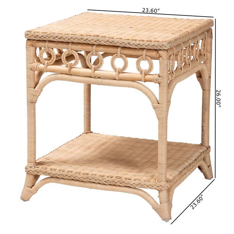 Oxford Braided Natural Rattan End Table with Shelf - Boho Table with Loop Detailing, Coastal Style for Living Room or Bedroom