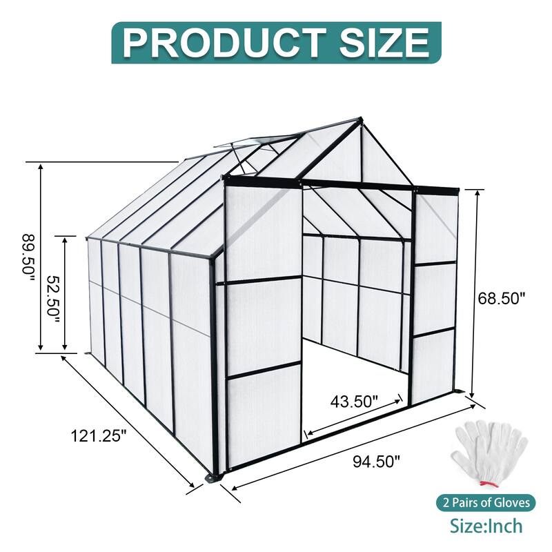 8x10FT Double Door Polycarbonate Greenhouse Raised Base and Anchor Aluminum Heavy Duty Walk-in Greenhouses for Outdoor Backyard