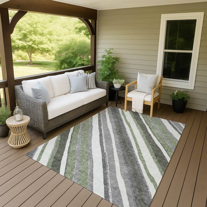 Machine Washable Indoor/ Outdoor Stripe Angles Chantille Rug - Fern - 9' x 12'