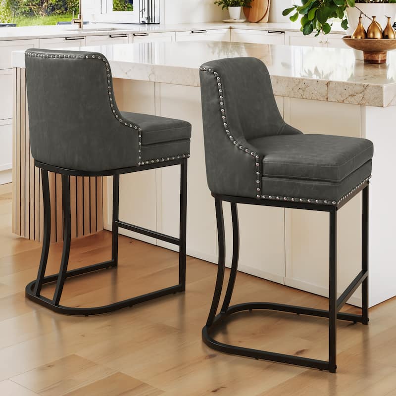 26" Modern Metal Barstools Set of 2 Upholstered Counter Height Bar stools with Back and 6" Thick Cushion for Kitchen Island - Dark Grey/Faux Leather