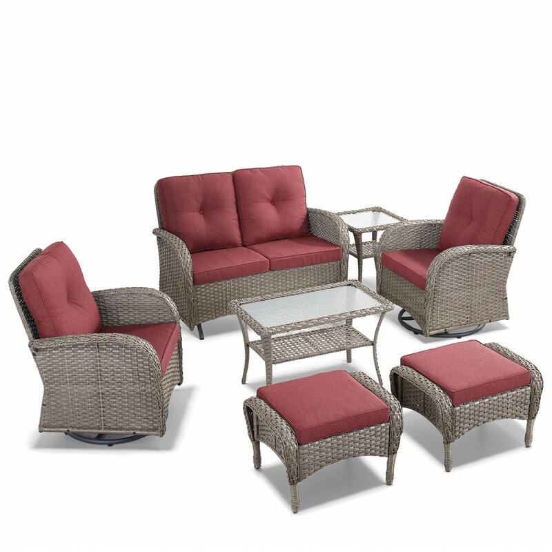 Outdoor Glider Sofa with Swivel Chairs Ottoamns and Table