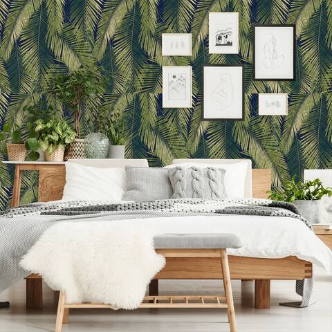 18' L x 24" W Peel & Stick Wallpaper Roll - Green Palm Leaf Wallpaper by DecoWorks - 18' x 24"