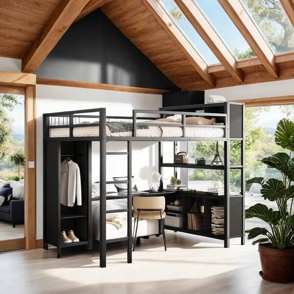 slide 2 of 10, Stylish & Simple Metal Full Size Heavy Duty Loft Bed with Wardrobe, L-shaped Desk, Storage Cubes and Shelves, Black Black