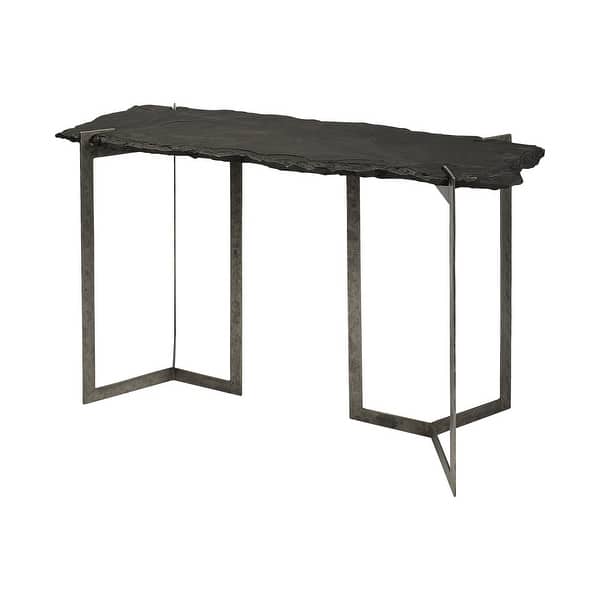 Rectangular Black Live Edge Slate Console Table With Double Pedestal Base Rectangular Black Live Edge Slate Console Table With Double Pedestal Base