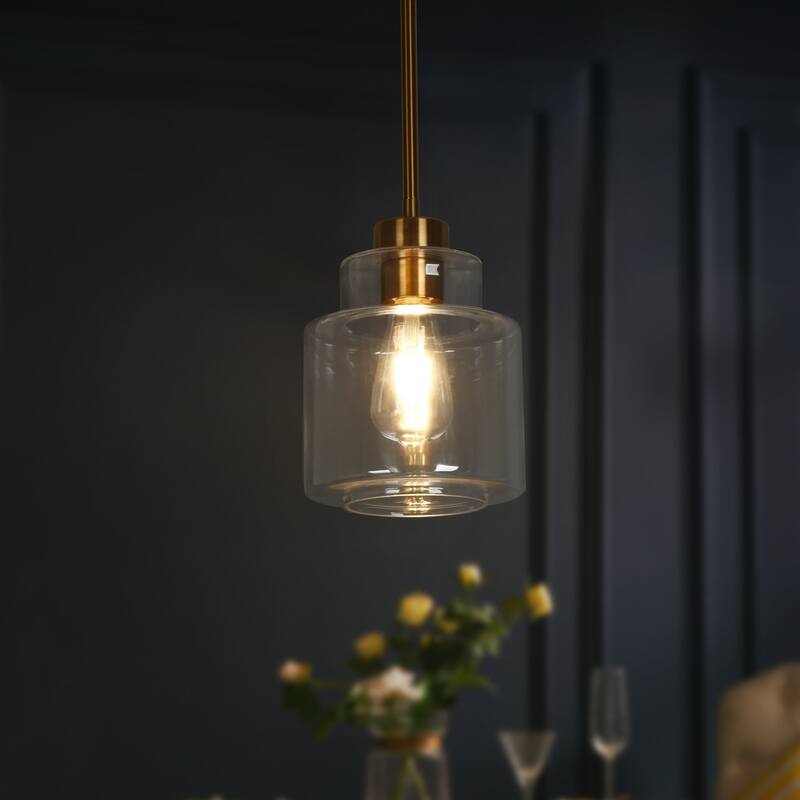 Cavitt Modern Mini 1-Light Clear Glass Drum Pendant Abstract Brass Gold Adjustable Kitchen Island Lighting