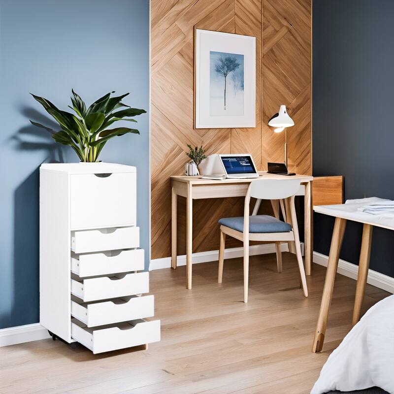 6 Drawer Wooden Dresser, Vertical Storage Cabinet with Makeup and Craft Organizer for Home Office - White