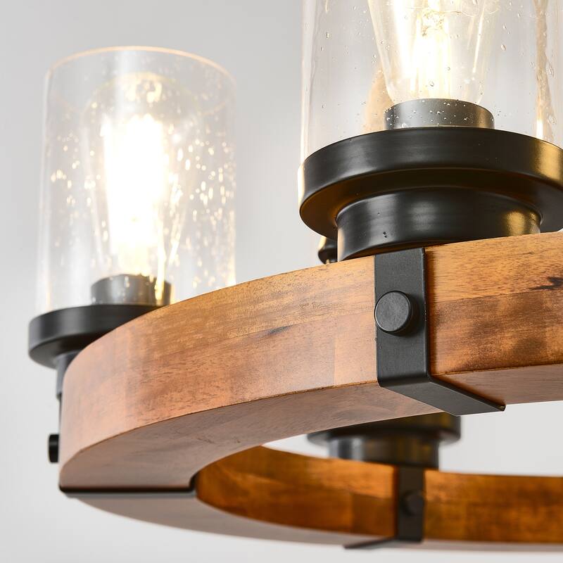 23.62 INCH Round Wood Pendant Light with Seeded Glass Shade, Rustic 6-LightChandelier, (8 Light)--NO INCLUDED BULBS