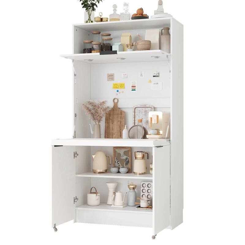 69"Tall Kitchen Pantry with Hutch, Multifunctional Storage Cabinet with Adjustable Shelf and Power Outlet