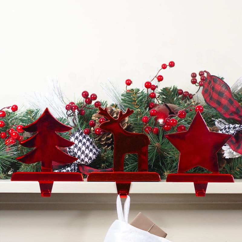 Reindeer Christmas Tree and Star Metallic Red Christmas Stocking Holders - 5.5"