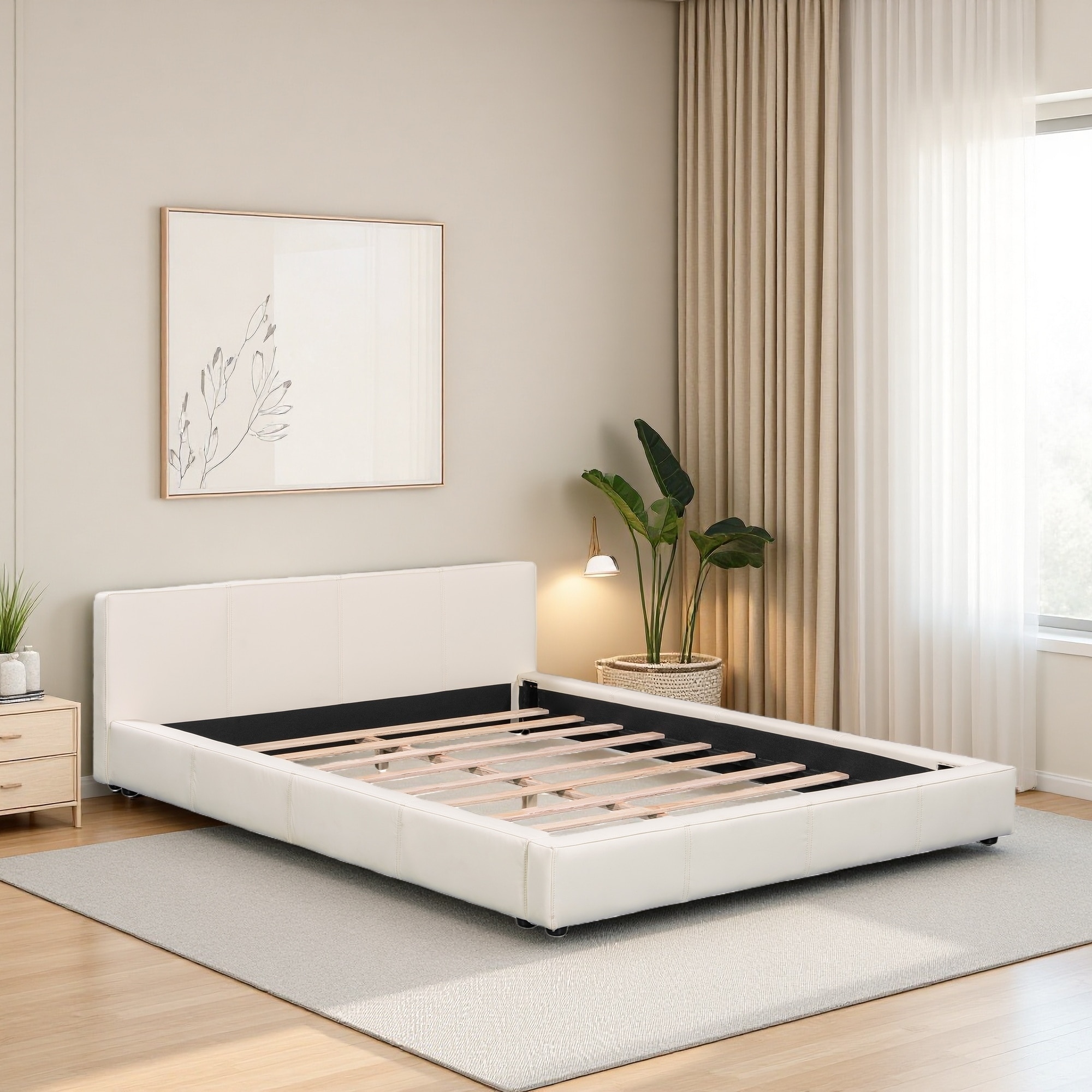 Queen Size Upholstered Bed in Faux Leather with 10 Slats & 3 Central Support Legs, Birch Wood Frame, No Box Spring Needed