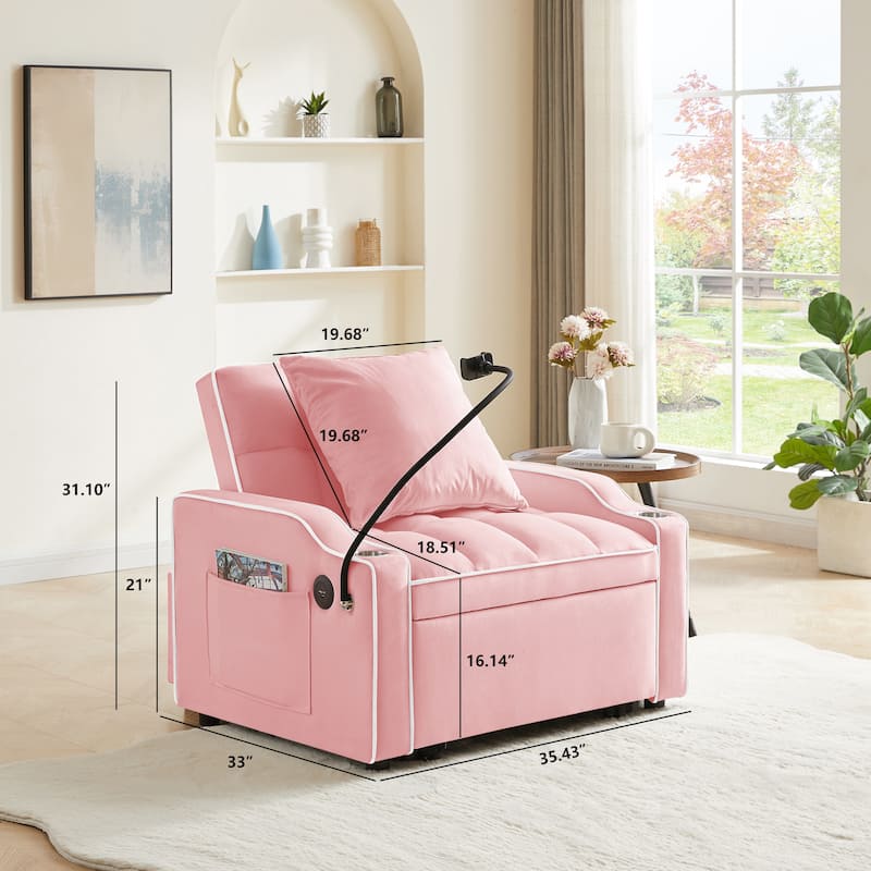 Single Sofa Armchair 3-in-1 Pull Out Sleeper Sofa Bed Velvet Chaise Lounge with USB, Phone Stand, Cup Holders and Side Pockets