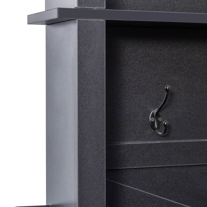 Farmhouse 4-in-1 Hall Tree with 6 Hooks, Entryway Bench with Shelves, Wooden Style Shoe Organizer with 16 Open Compartments