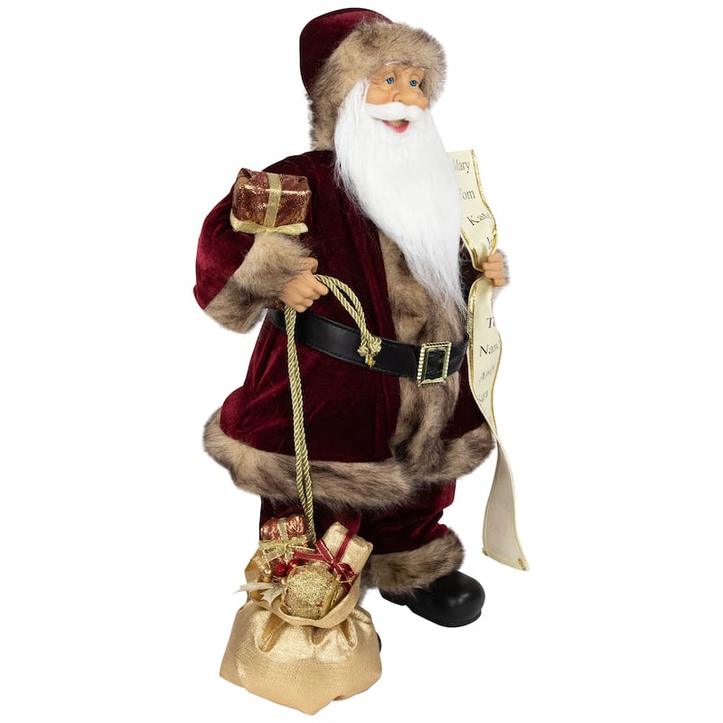 24" Wine Red and Brown Woodland Standing Santa Claus Christmas Figure with Name List