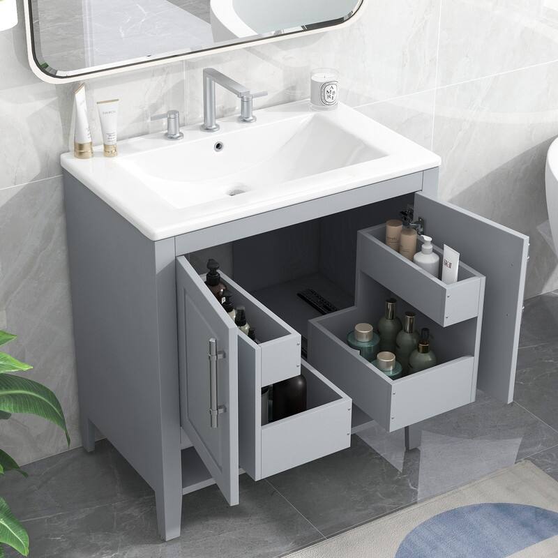 30" Bathroom Vanity with Sink, Multi-functional Bathroom Cabinet with Doors and Drawers, Solid Frame and MDF Board