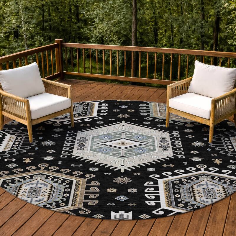 Machine Washable Indoor/ Outdoor Global Akron Chantille Rug - Black - 8' x 8'