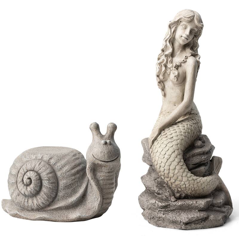 Glitzhome 20"H MGO Concrete Mermaid On Rocks Coastal Sculpture Poolside Garden Statue