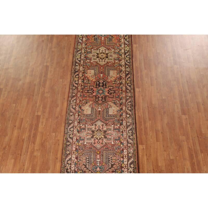 Geometric Handmade Heriz Persian Vintage Runner Rug - 3'5"x 10'7"