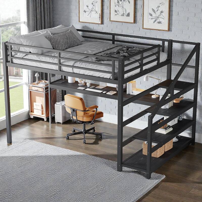 Queen Metal Loft Bed with Desk and Storage Stairs, LED Lights, USB Ports, Noise-Free Design