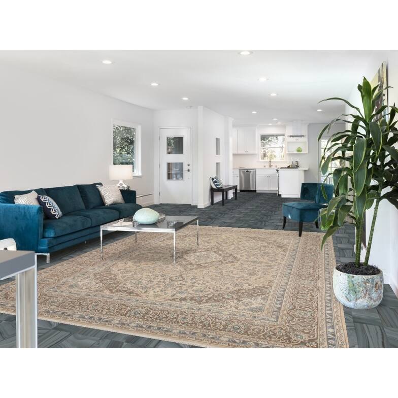 Hand Knotted Oriental 100% Wool Carpet Traditional Floral Beige & Ivories Mashad Area Rug - 11' 1'' X 8' 1''