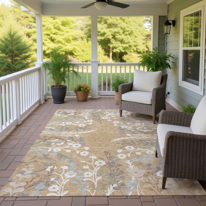 Machine Washable Indoor/ Outdoor Floral Border Chantille Rug