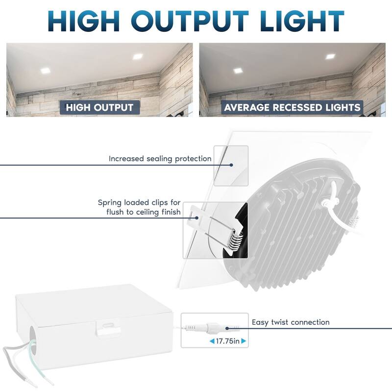 Luxrite 6" Square LED Recessed Ceiling Light J-Box 18W 5 Color Selectable 1800LM Dimmable Wet Rated IC Rated ETL - 1 Pack