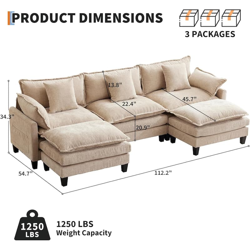 112.2" Sectional Cloud Couch, Modular Sectional Couches Sofa for Living Room with Movable Ottoman, 3-Seater Chenille