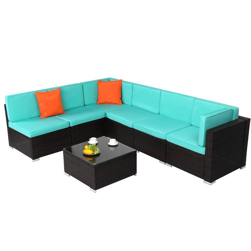 Karlhome 7-Piece Outdoor Patio Conversation Set Wicker Sectional Sofa Set - Lake Blue Cushion