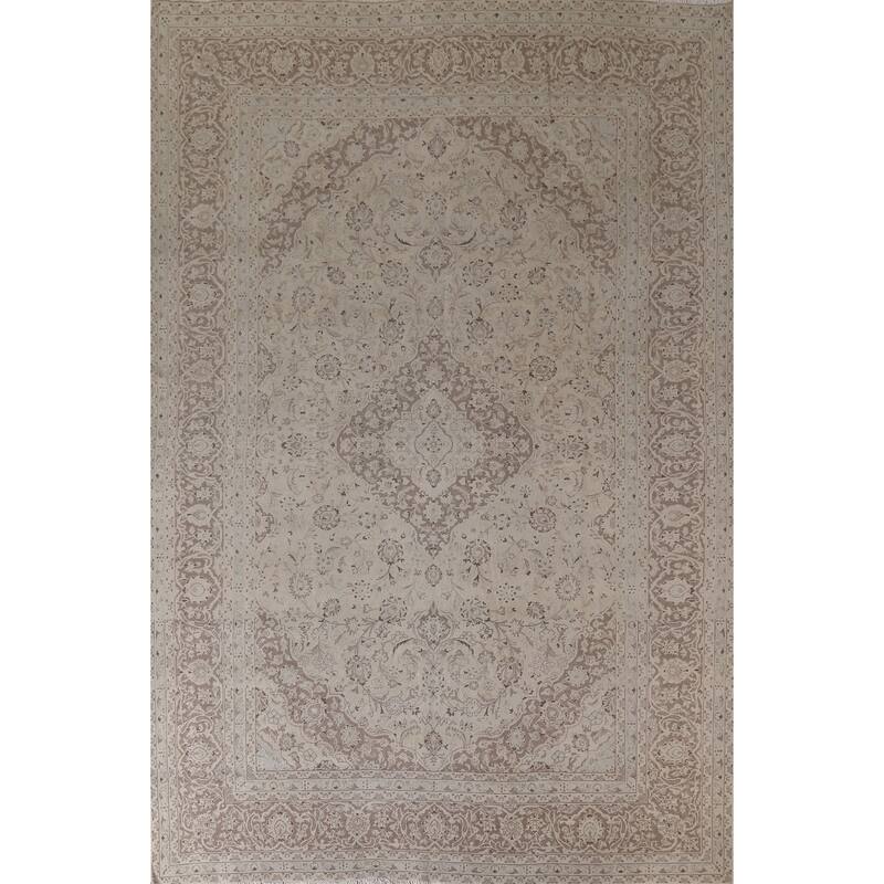 Hand Knotted Oriental 100% Wool Carpet Traditional Floral Beige & Ivories Kashan Area Rug - 12' 5'' X 9' 5''