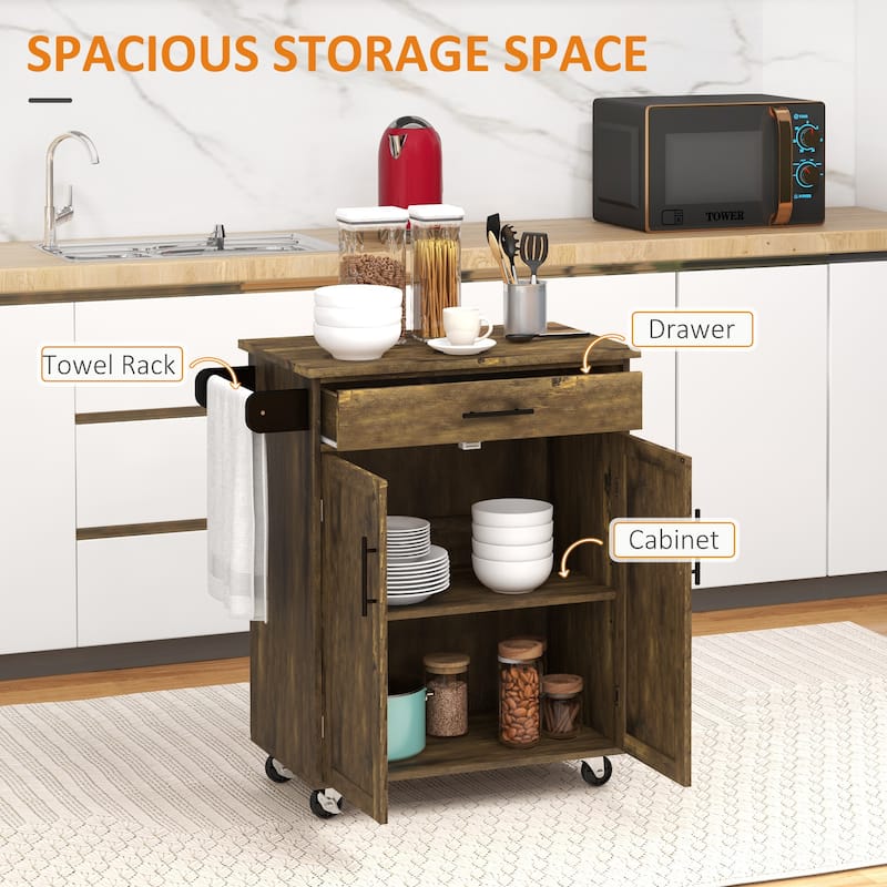 HOMCOM Kitchen Island Cart Rolling Trolley Cart with Drawer, Storage Cabinet & Towel Rack