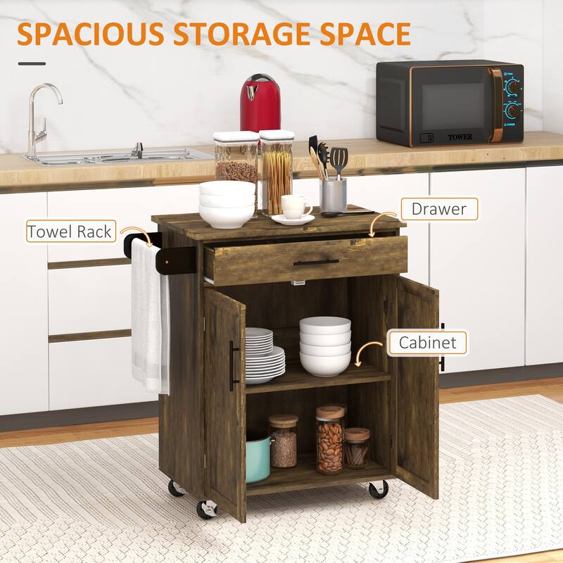 Rustic Brown Wood Kitchen Island Cart with Drawer, Shelf and Wheels - 32.75" W x 17.75" D x 36" H